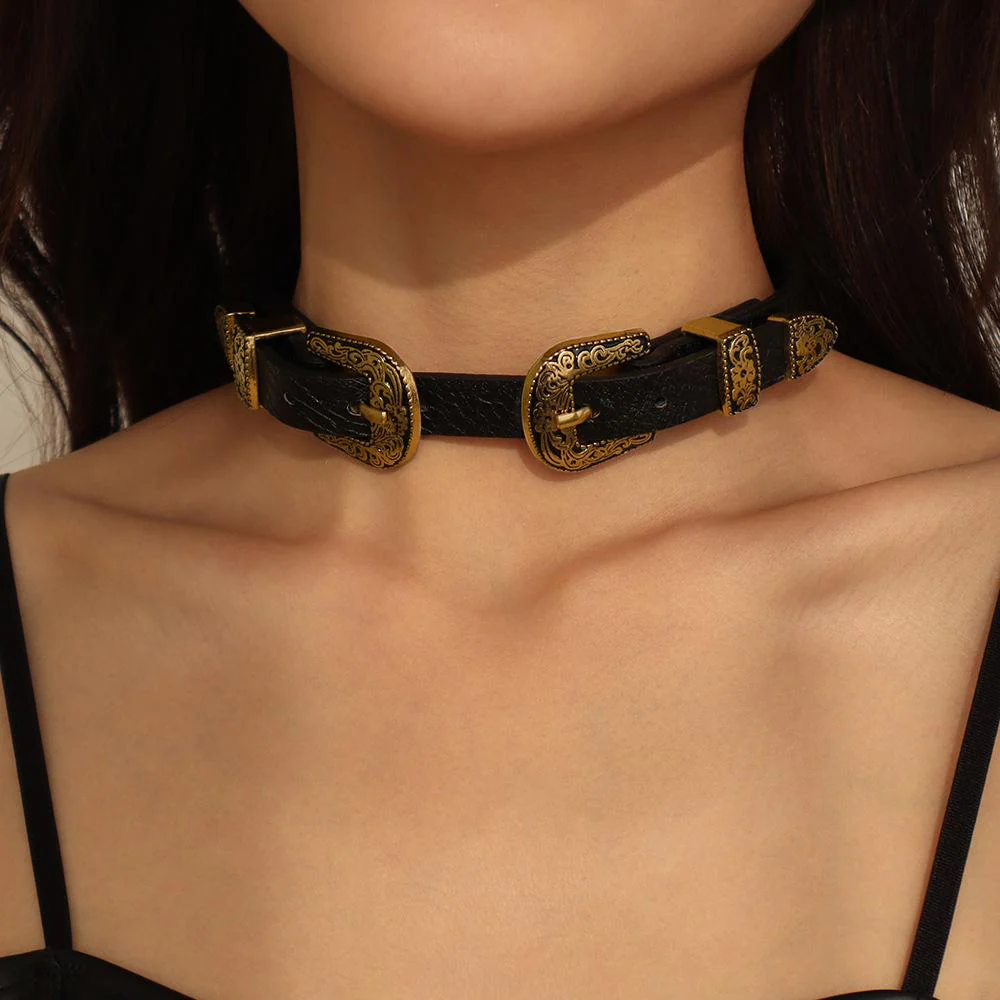 Metal button PU choker necklace - Image 3