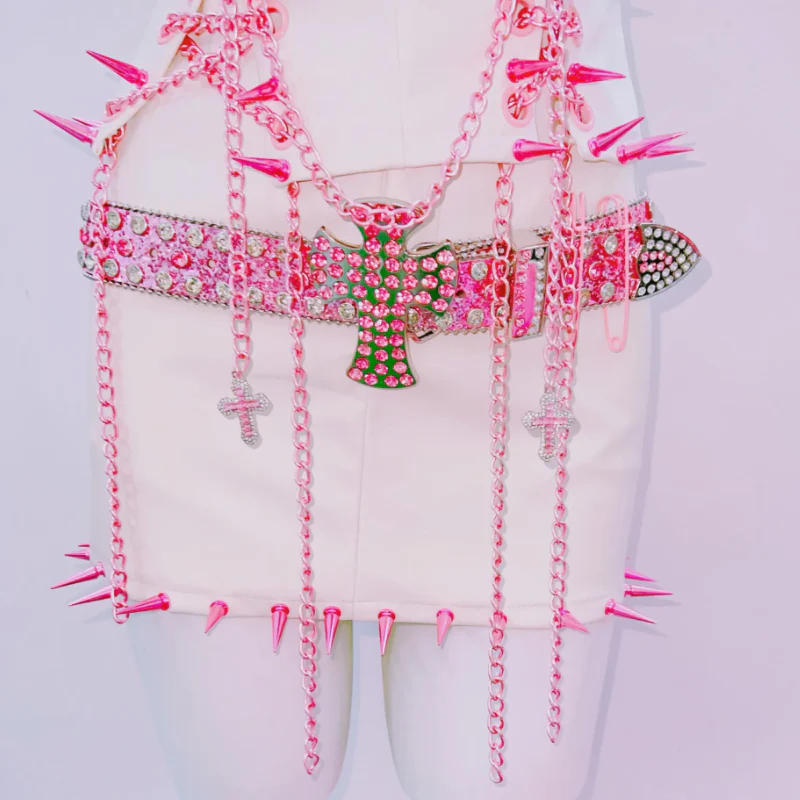 Metal chain beaded hollow out rivet applique tube top | pastel goth - Image 3