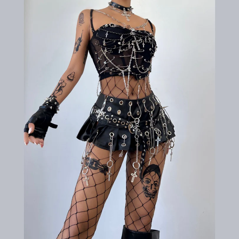 Metal chain cross applique beaded v neck cami top - Image 3