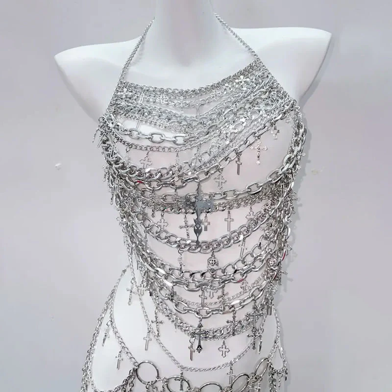 Metal chain cross applique hollow out backless waist chain set