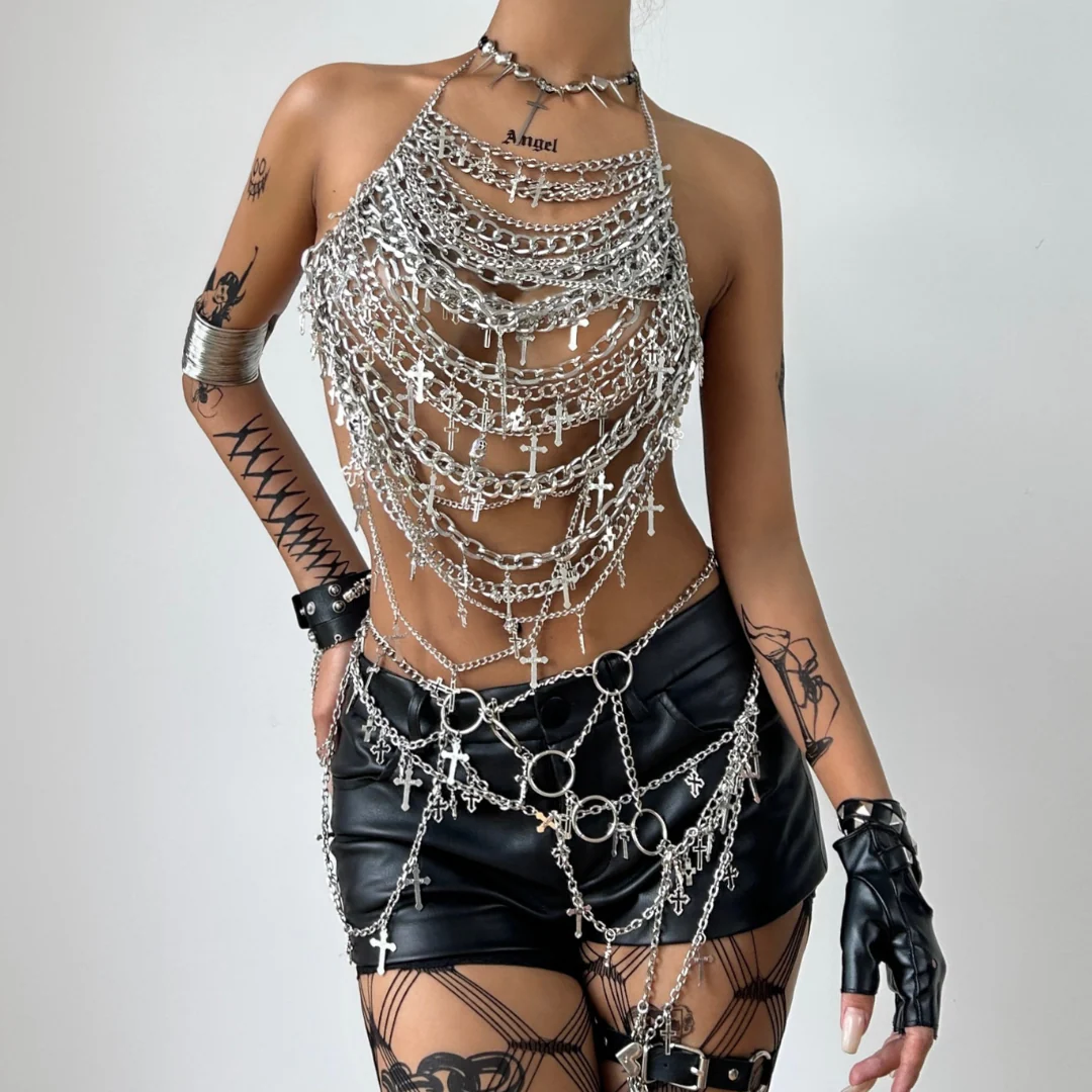 Metal chain cross applique hollow out backless waist chain set - Image 2