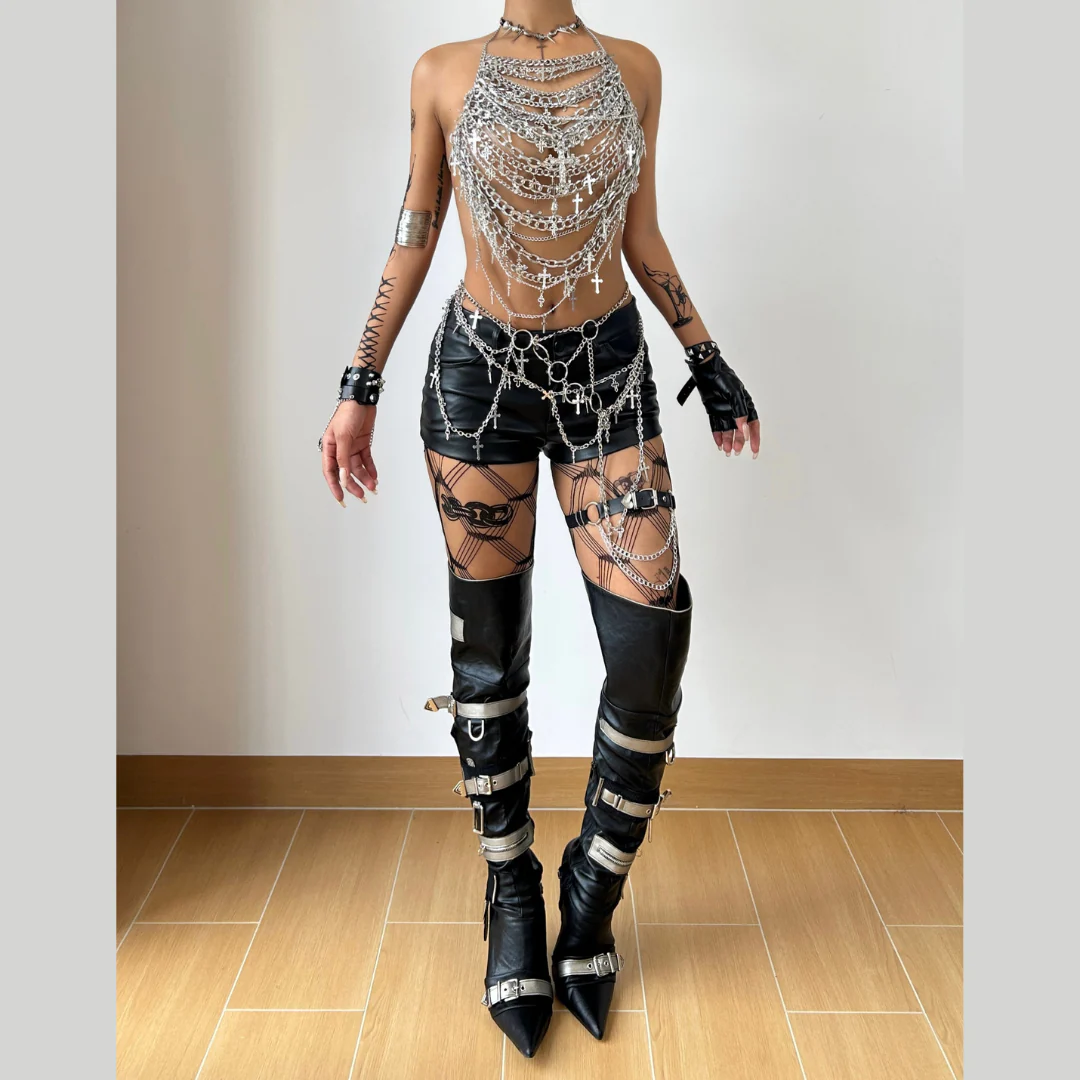 Metal chain cross applique hollow out backless waist chain set - Image 3