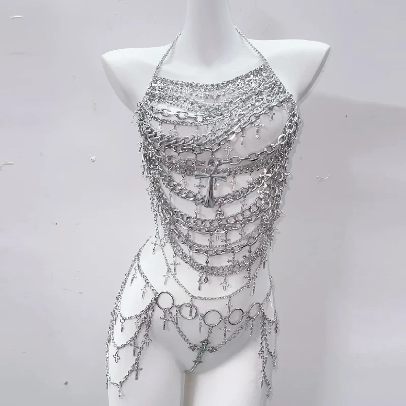 Metal chain cross applique hollow out backless waist chain set - Image 4