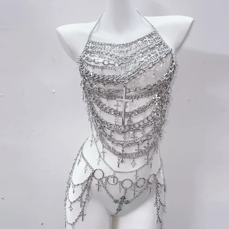 Metal chain cross applique hollow out backless waist chain set - Image 5