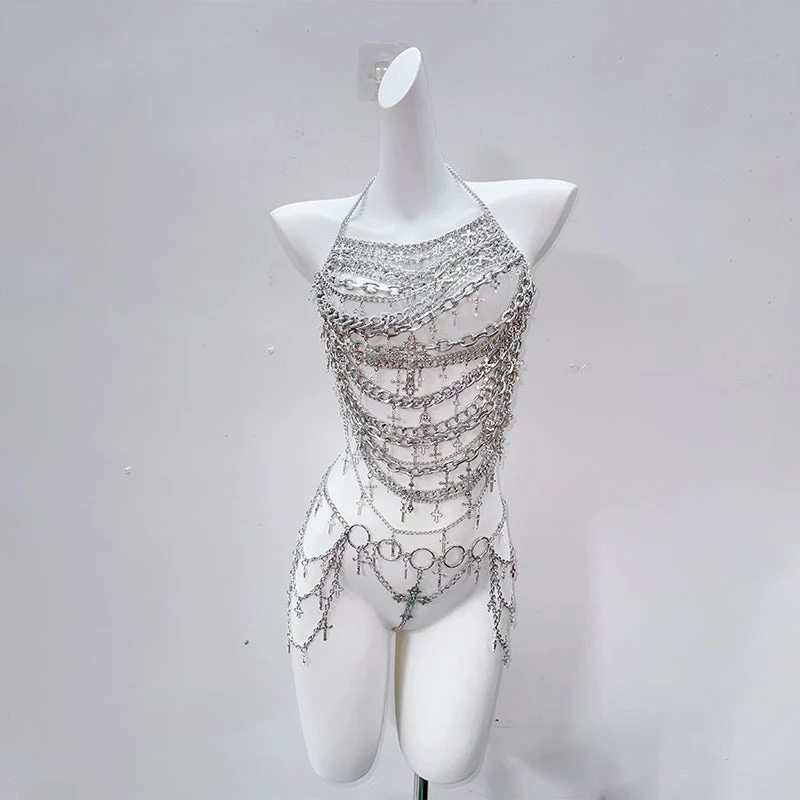 Metal chain cross applique hollow out backless waist chain set - Image 6