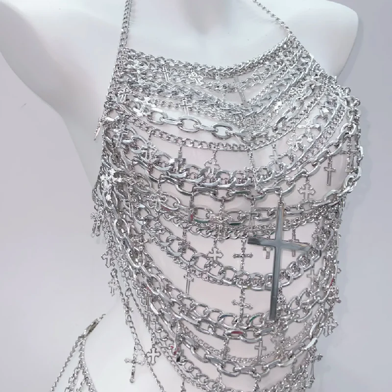Metal chain cross applique hollow out backless waist chain set - Image 7