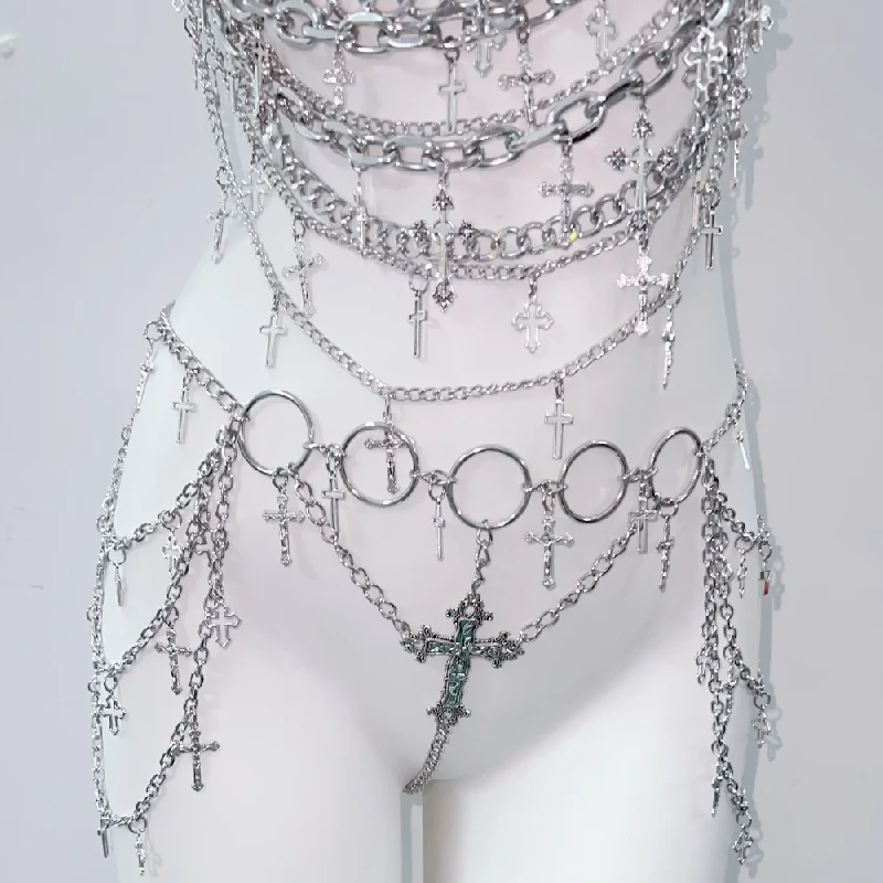 Metal chain cross applique hollow out backless waist chain set - Image 8