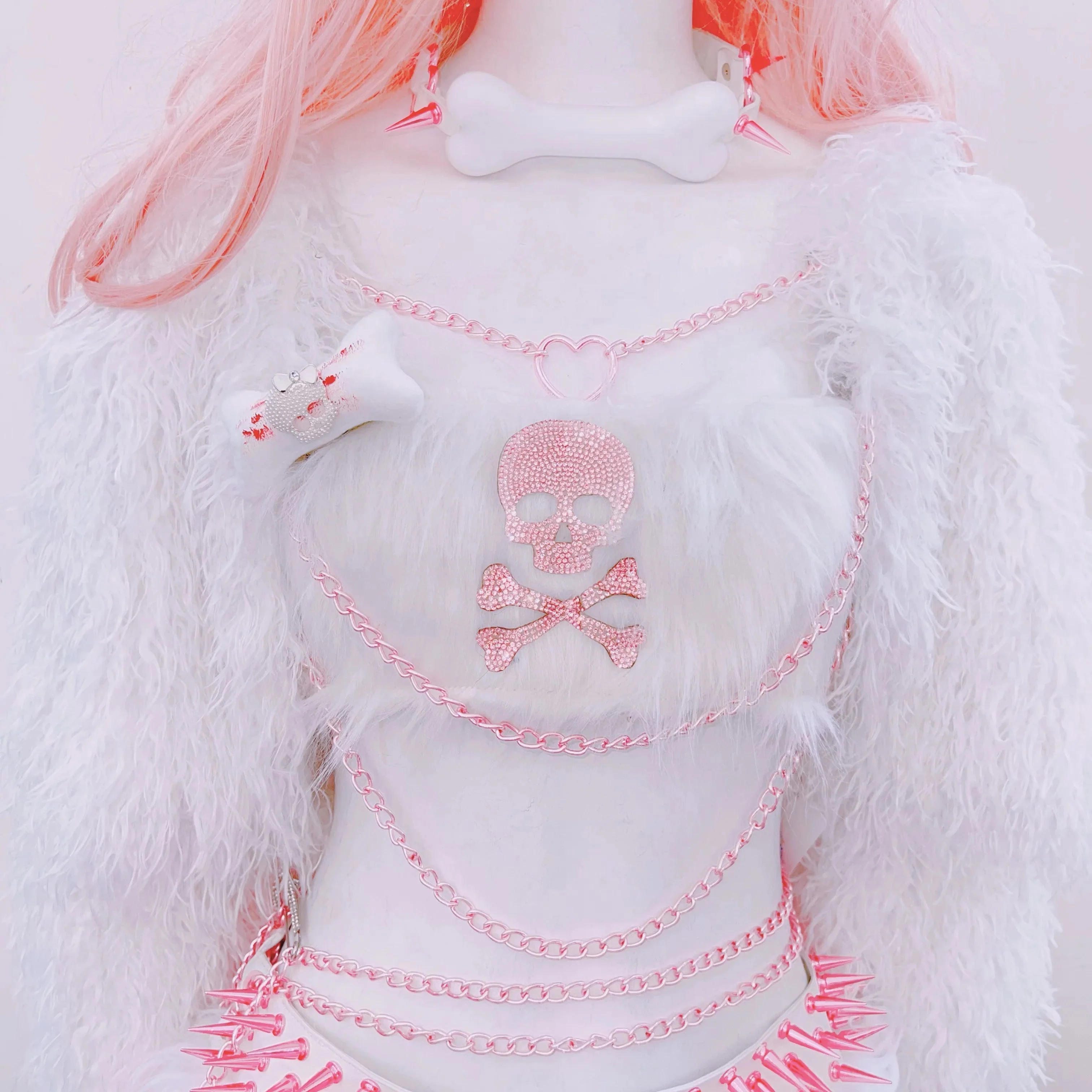 Metal chain fluffy bone applique long sleeve mini skirt set - Image 5