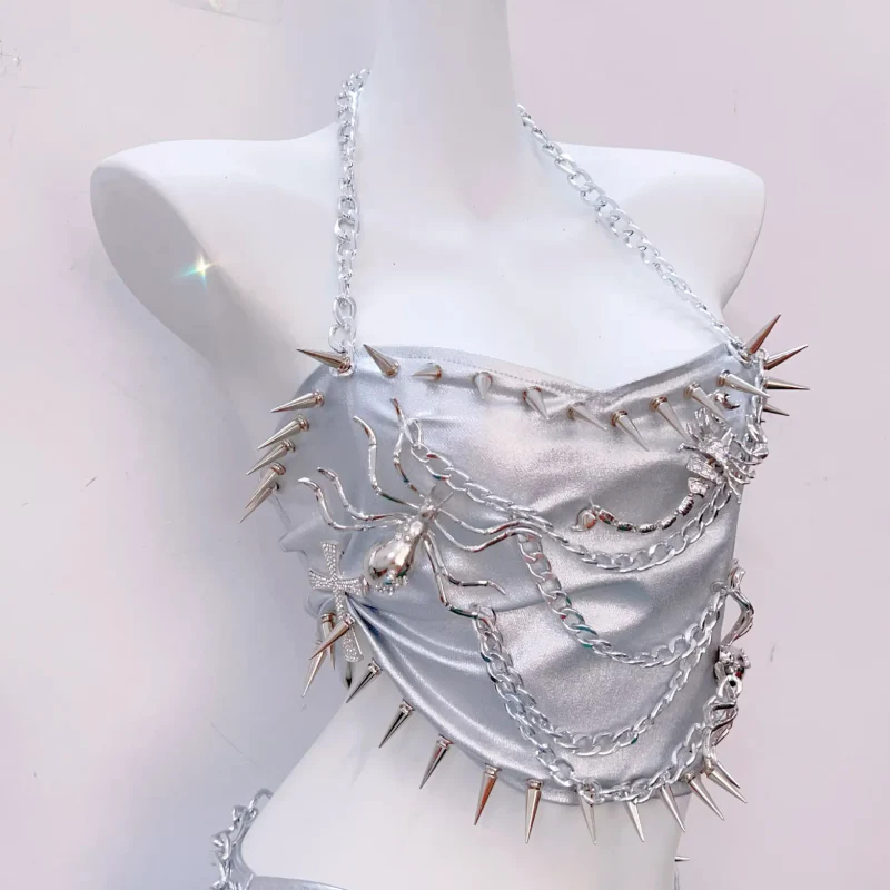 Metal chain halter rivet applique metallic mini skirt set - Image 3