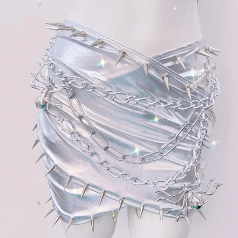 Metal chain halter rivet applique metallic mini skirt set - Image 4