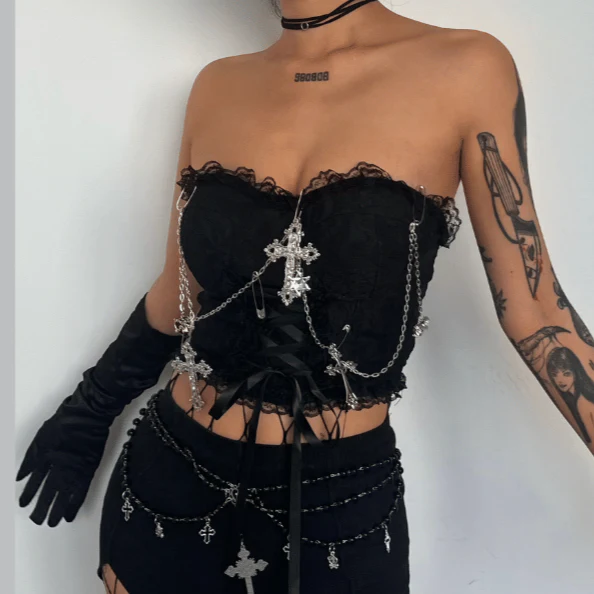 Metal chain lace up sweetheart neck tube top