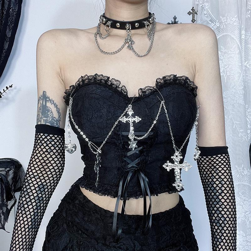 Metal chain lace up sweetheart neck tube top - Image 3