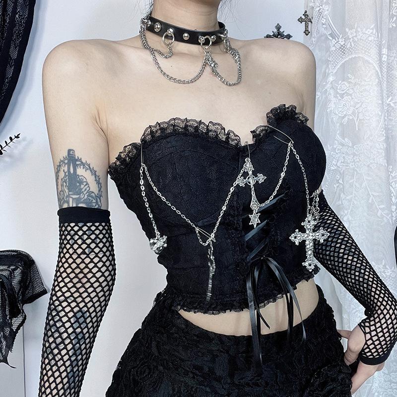 Metal chain lace up sweetheart neck tube top - Image 4