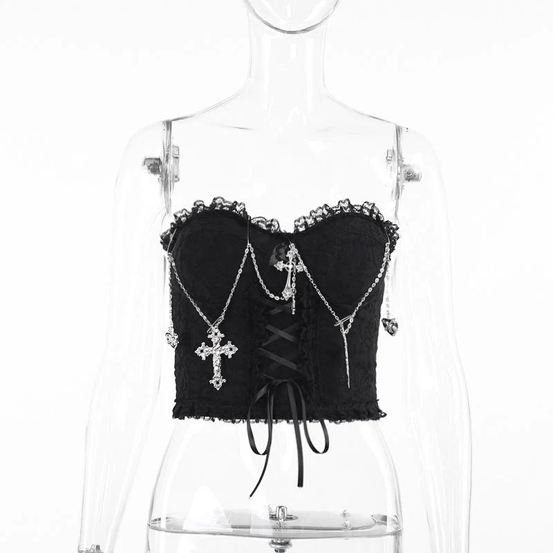 Metal chain lace up sweetheart neck tube top - Image 7
