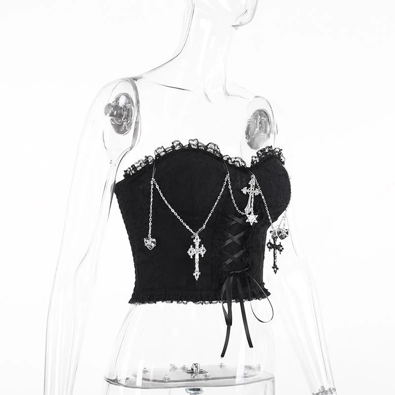 Metal chain lace up sweetheart neck tube top - Image 8
