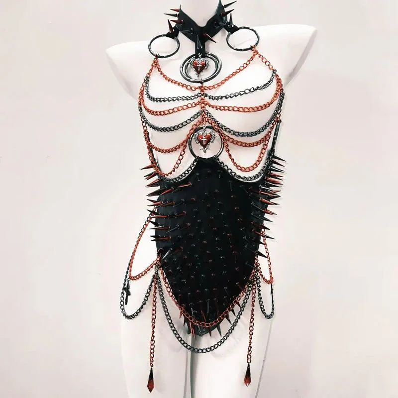 Metal chain o ring halter rivet applique bodysuit