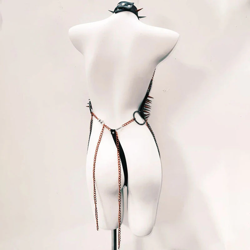 Metal chain o ring halter rivet applique bodysuit - Image 3