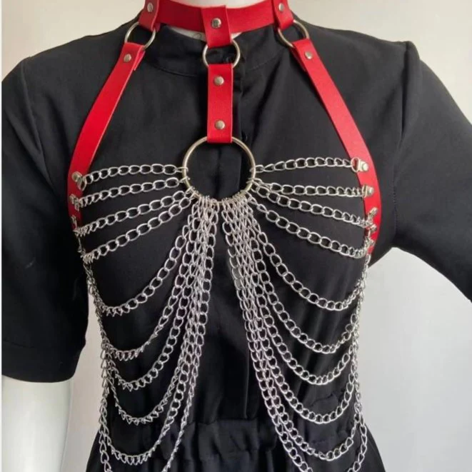 Metal chain PU leather o ring choker harness top - Image 3