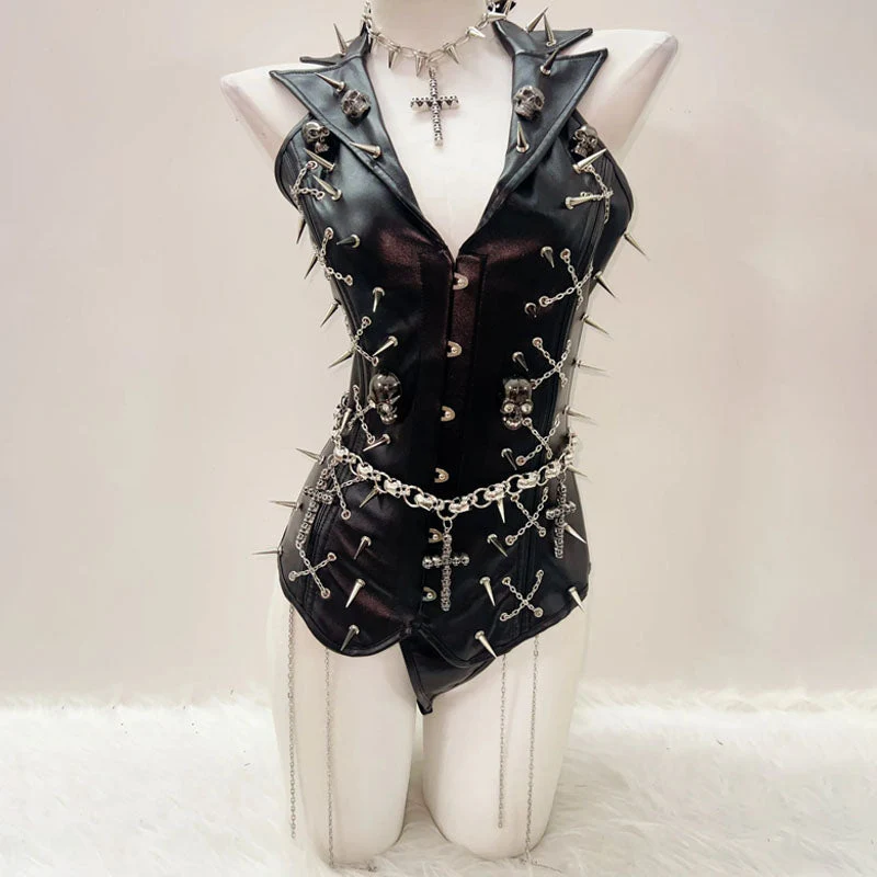 Metal chain PU leather rivet applique top - Image 3