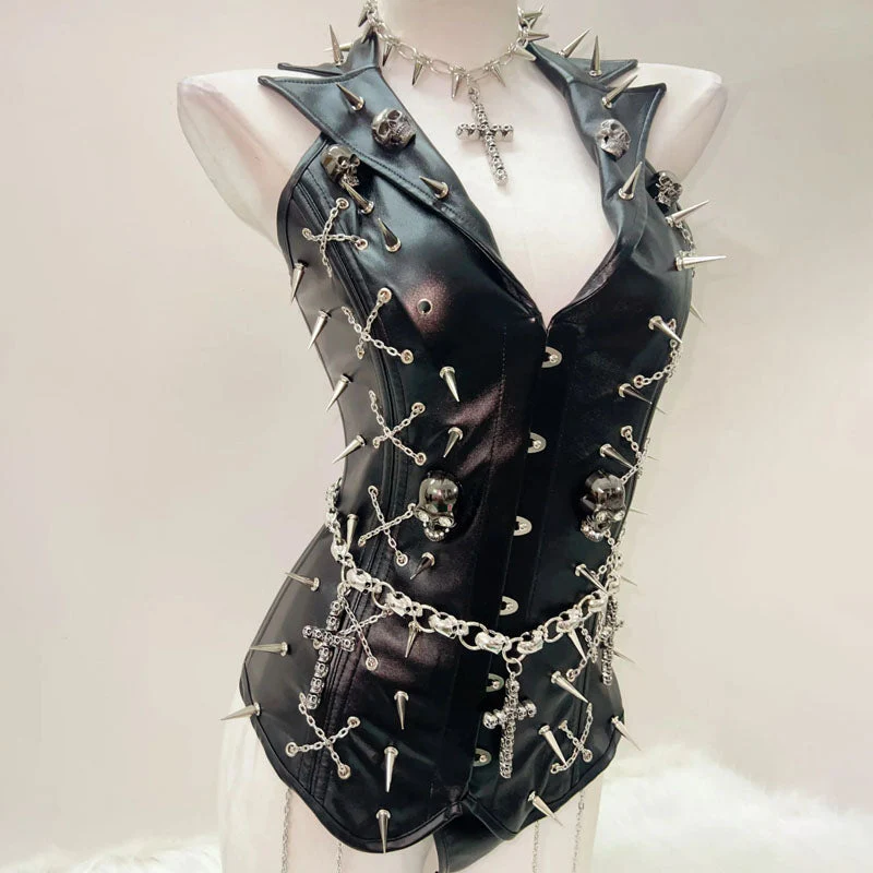 Metal chain PU leather rivet applique top - Image 4