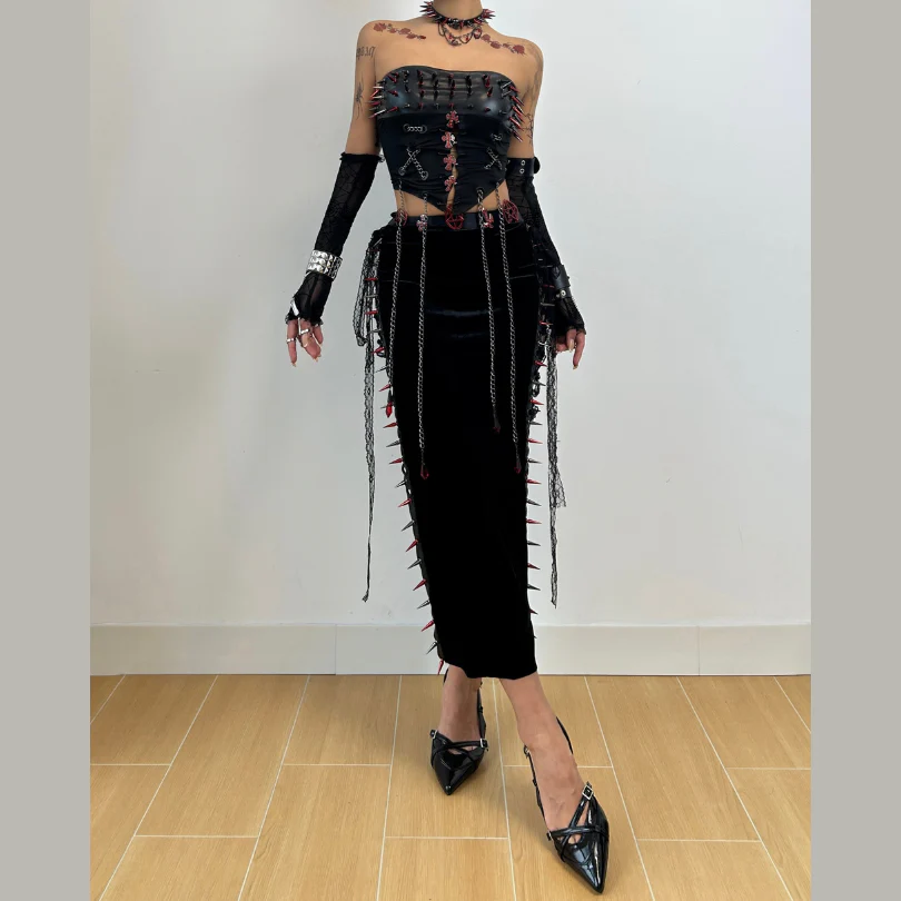 Metal chain rivet applique hollow out tube top - Image 2