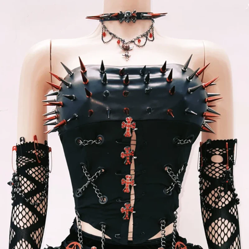 Metal chain rivet applique hollow out tube top - Image 3