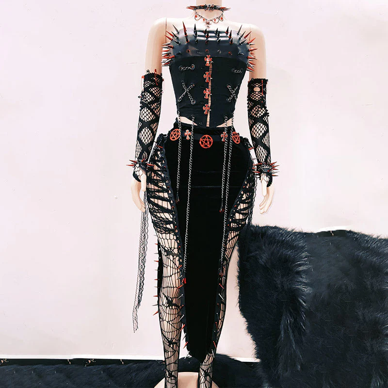 Metal chain rivet applique hollow out tube top - Image 7