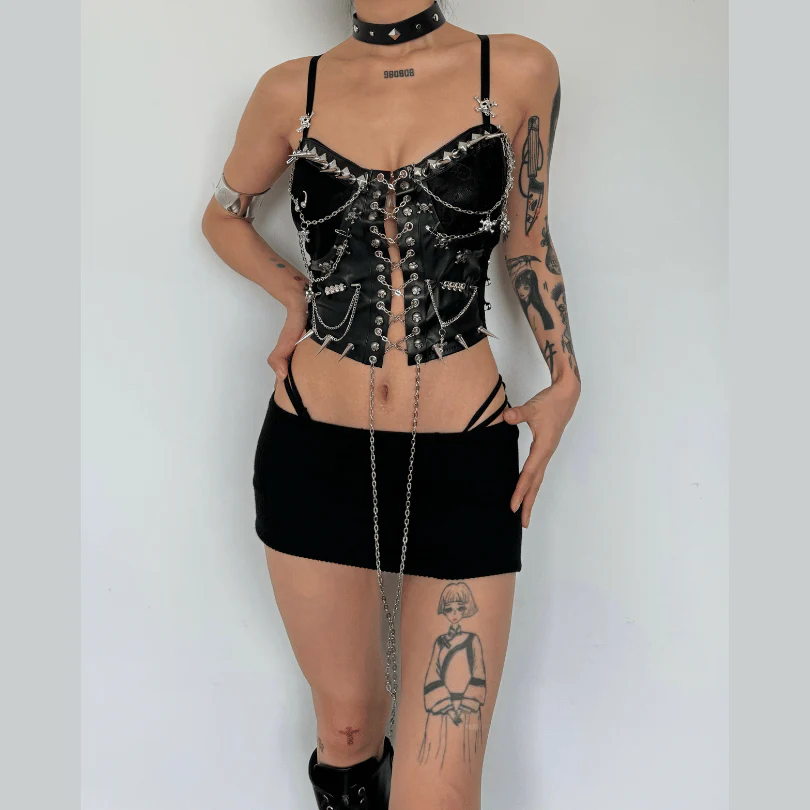 Metal chain rivet lace up PU leather cami top - Image 2