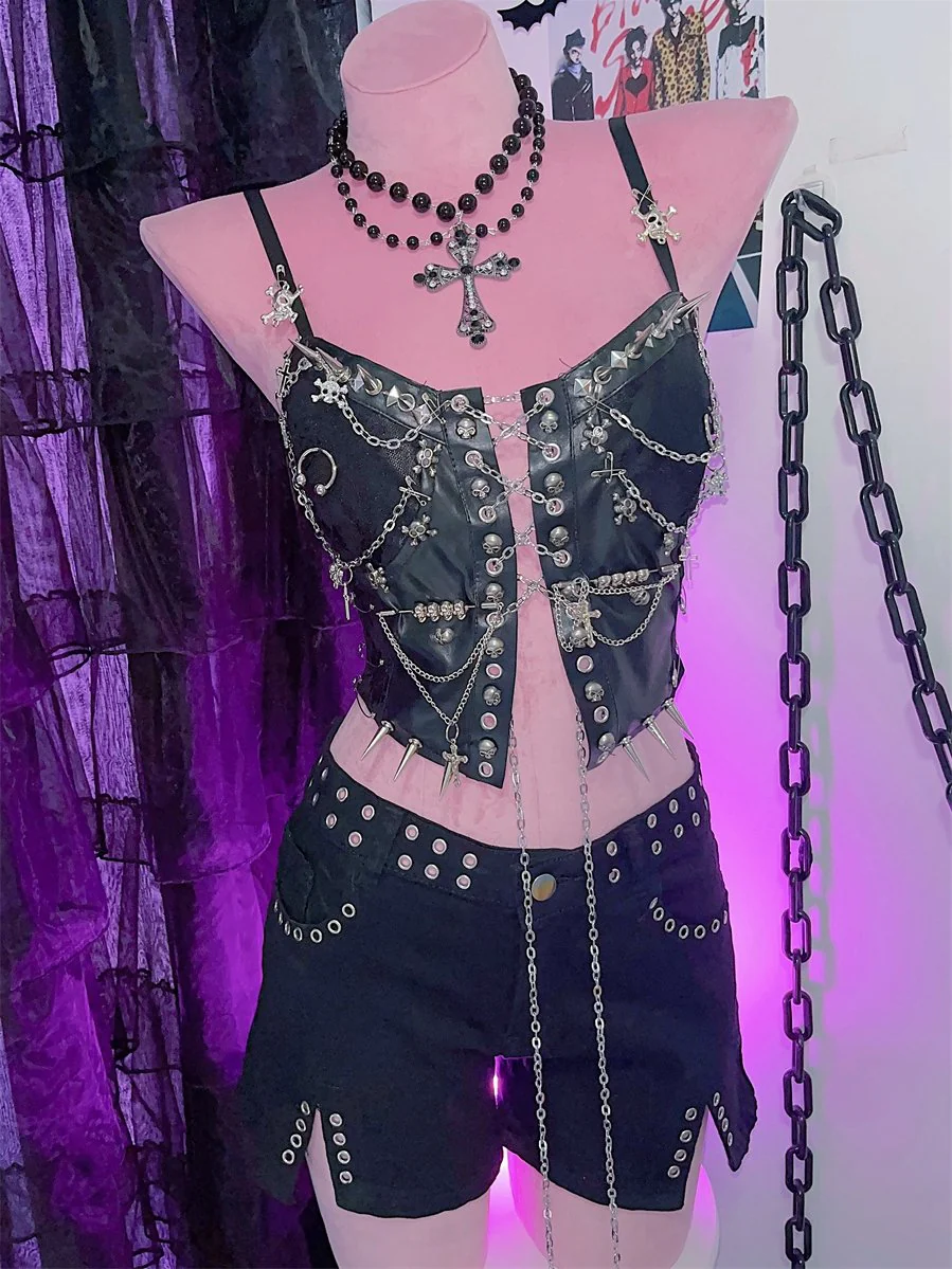 Metal chain rivet lace up PU leather cami top - Image 6