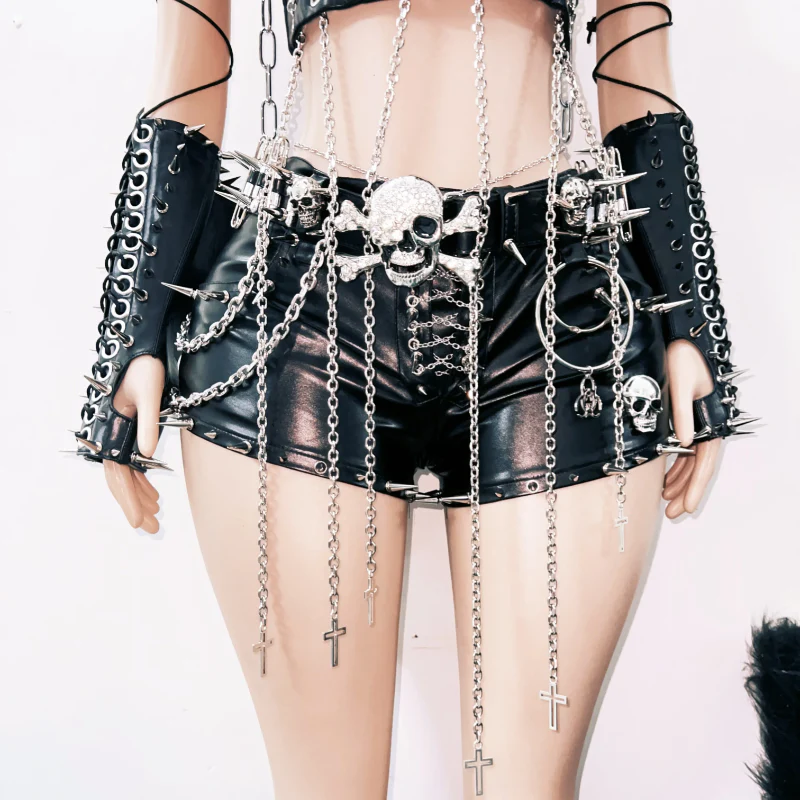 Metal chain skull applique rivet gloves cami top - Image 4