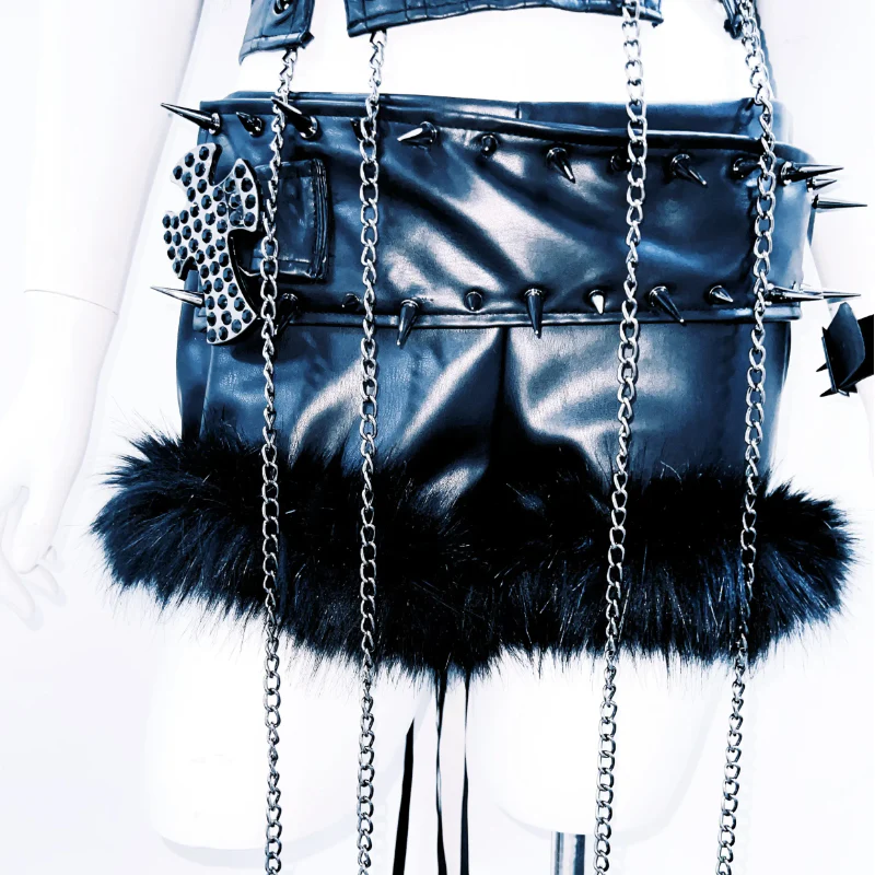 Metal chain square neck rivet applique PU leather top - Image 4