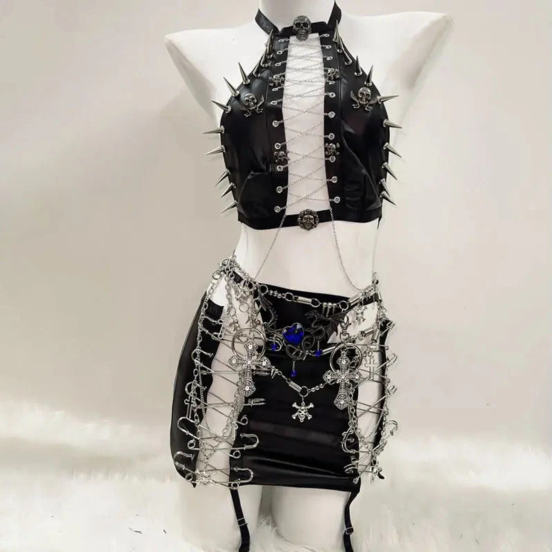 Metal chain zip-up skull applique hollow out mini skirt set