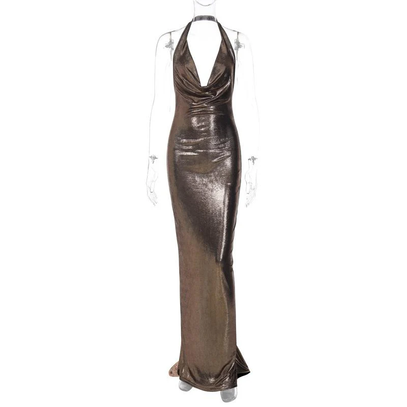 Metallic cowl neck ruched halter backless maxi dress - Image 2