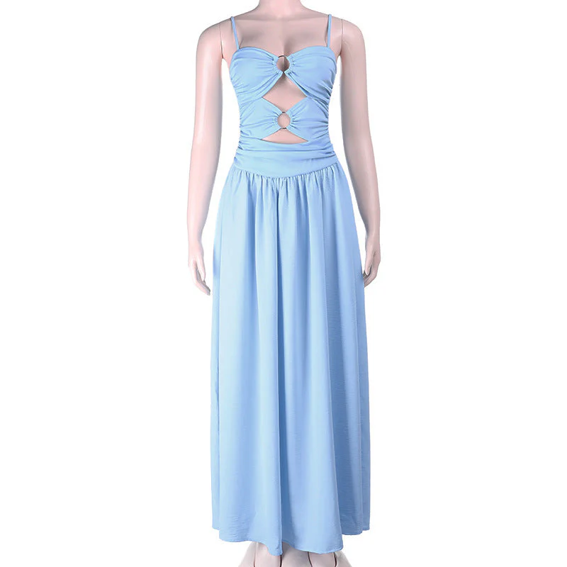 O ring hollow out ruched backless cami maxi dress - Image 2