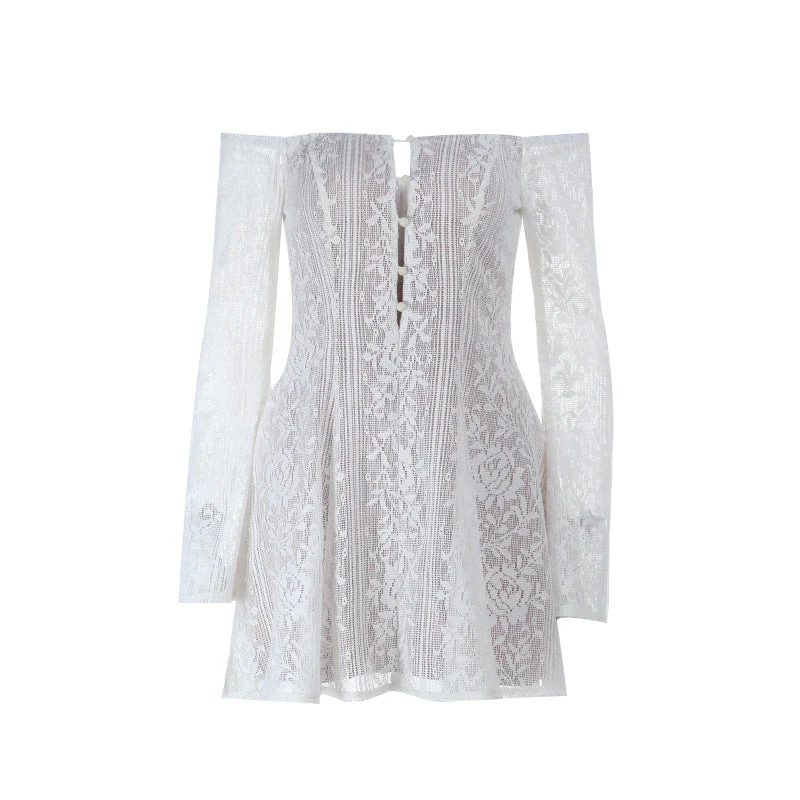 Off shoulder button hollow out mini dress