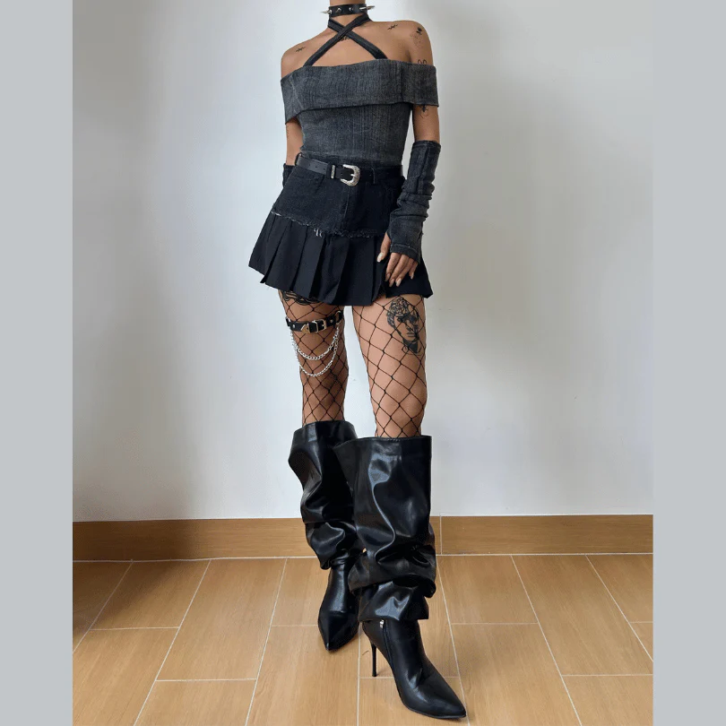 Off shoulder denim raw hem mini skirt set - Image 2
