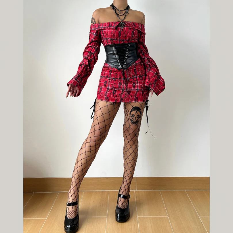Off shoulder drawstring long sleeve corset mini dress - Image 2