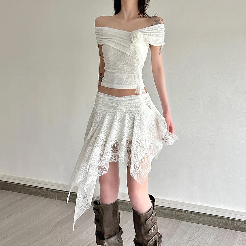Off shoulder flower applique lace ruffle top - Image 3