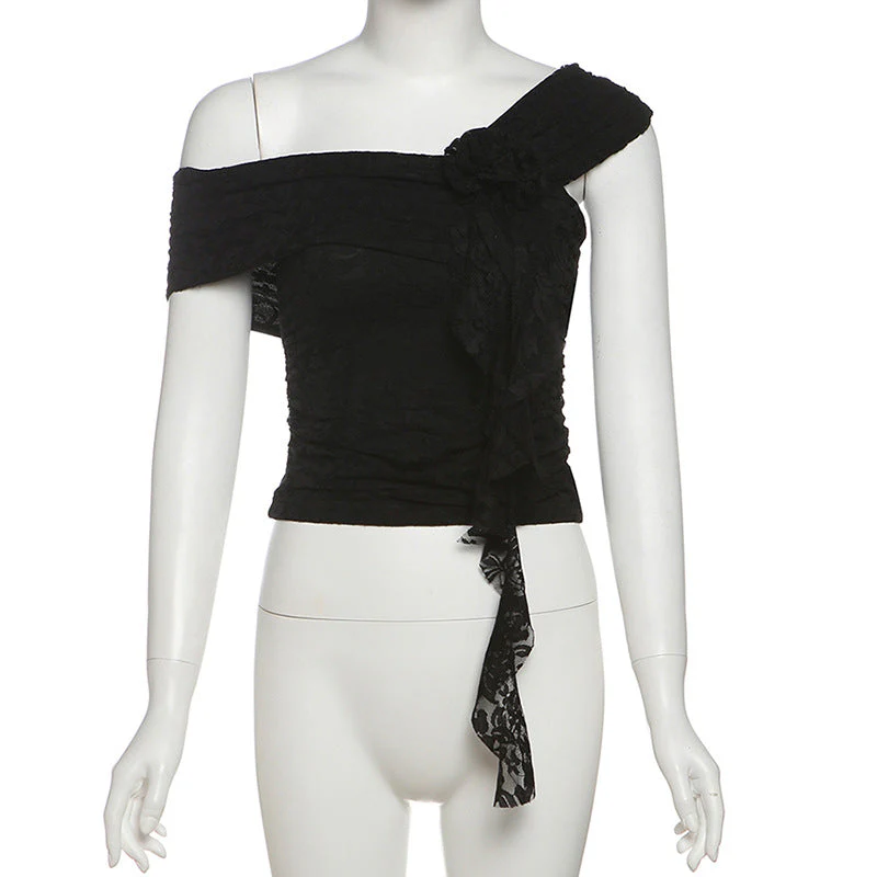 Off shoulder flower applique lace ruffle top - Image 6