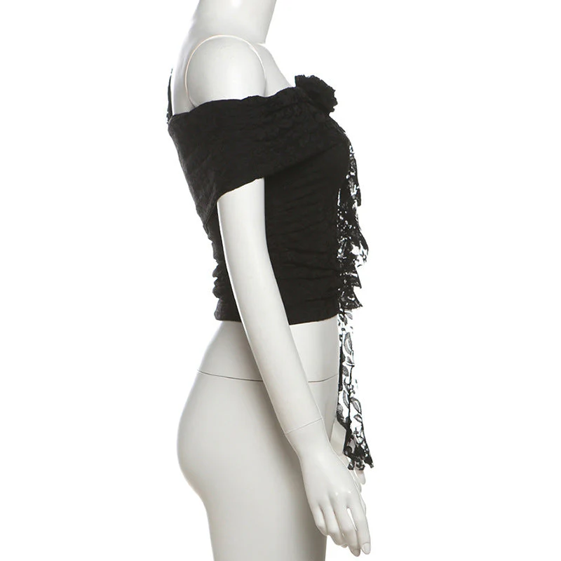 Off shoulder flower applique lace ruffle top - Image 7