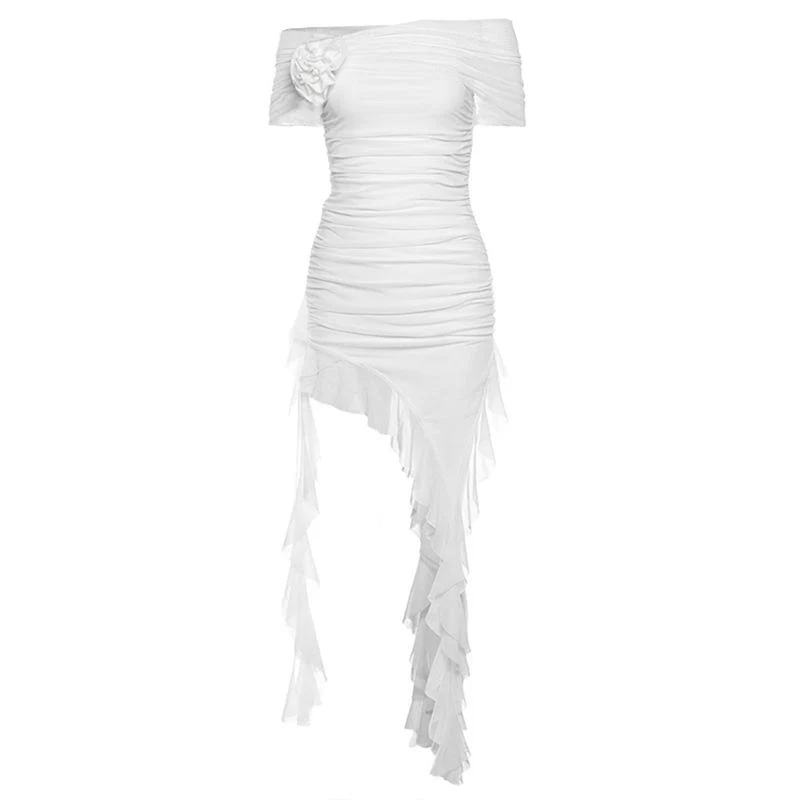 Off shoulder flower applique ruffle ruched mini dress - Image 2