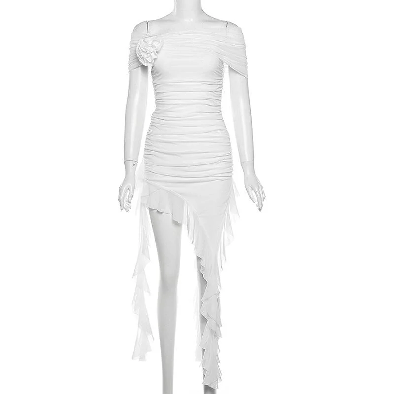 Off shoulder flower applique ruffle ruched mini dress - Image 3