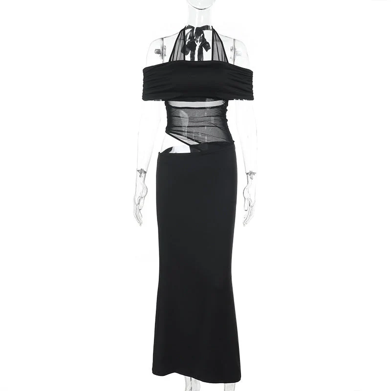 Off shoulder halter self tie hollow out maxi dress - Image 2