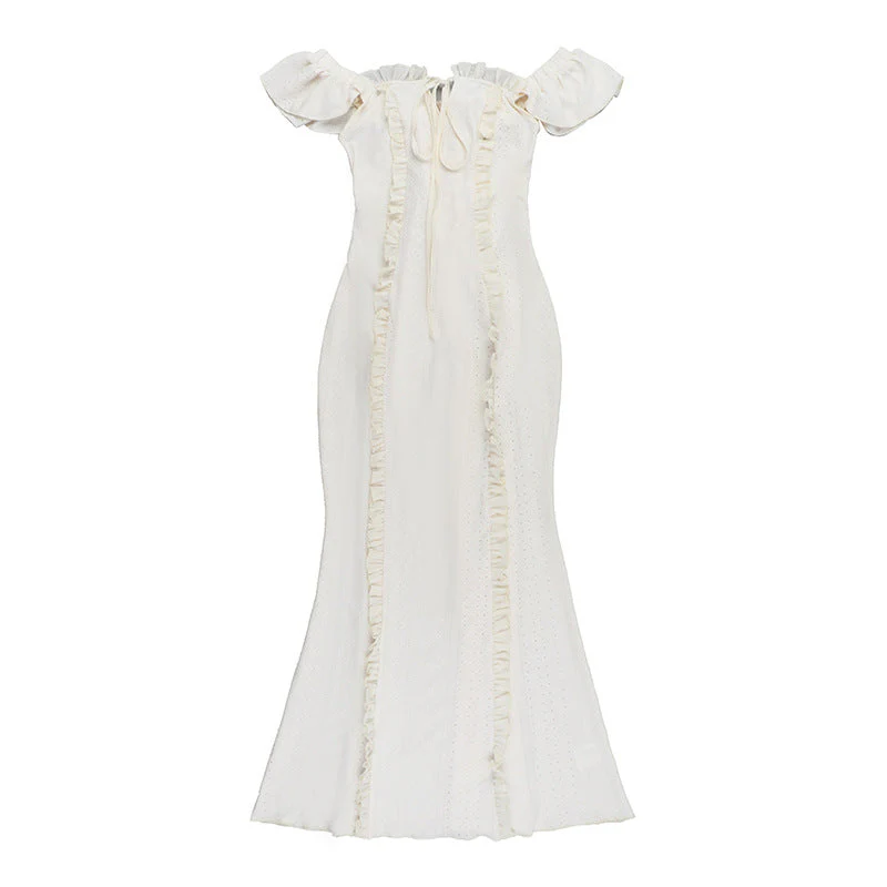 Off shoulder lace hem ruffle maxi dress