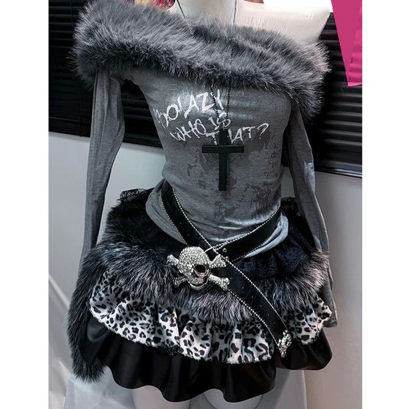 Off shoulder long sleeve fluffy letter print mini skirt set