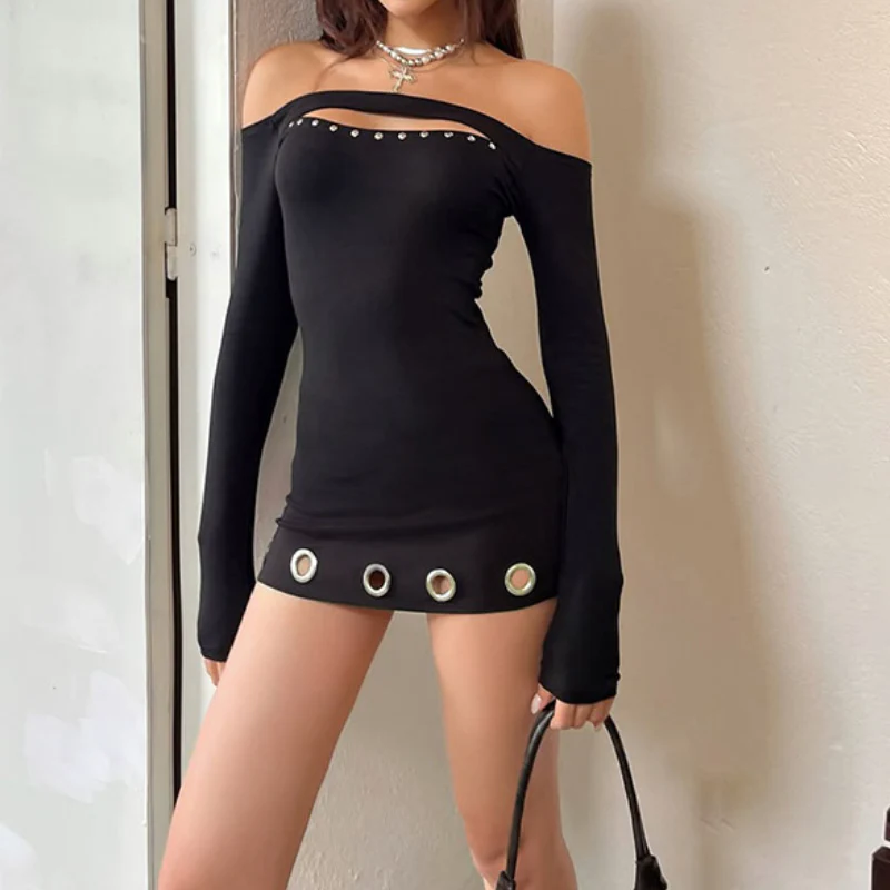 Off shoulder long sleeve hollow out mini dress - Image 3