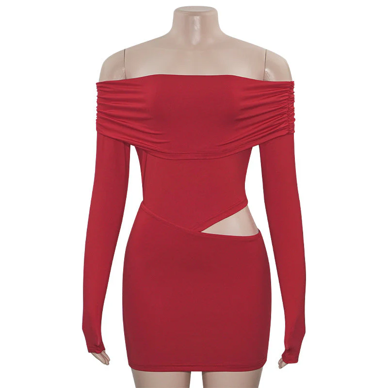 Off shoulder long sleeve hollow out ruched mini dress - Image 2