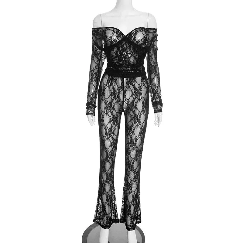 Off shoulder long sleeve lace see through pant set - Image 3