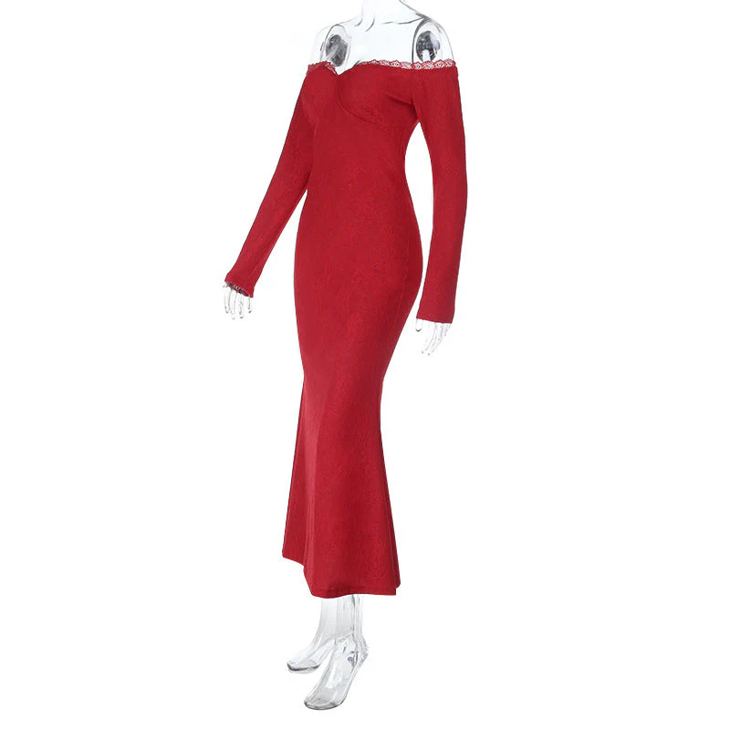 Off shoulder long sleeve lace zip-up maxi dress - Image 3
