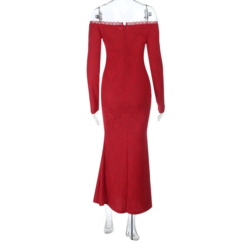 Off shoulder long sleeve lace zip-up maxi dress - Image 4